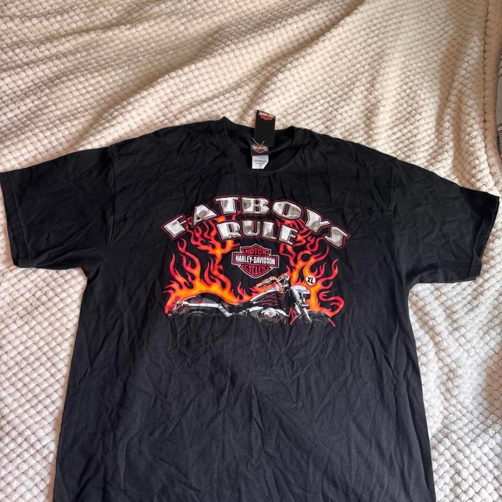 Harley Davidson black tee with red flames and motorcycle design. Size: XL nwt